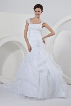 Satin and Organza Straps Neckline Ball Gown with Embroidery