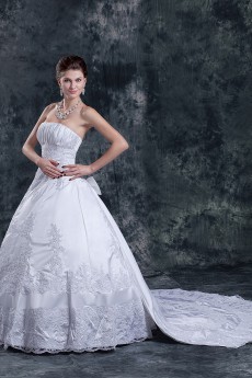 Satin Strapless Floor Length Ball Gown with Beaded and Ruffle