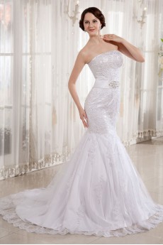 Lace Satin Strapless Mermaid Dress