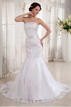 Lace Satin Strapless Mermaid Dress