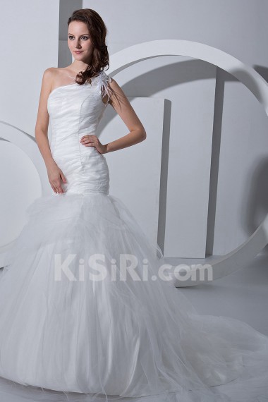 Satin Tulle One-Shoulder Mermaid Dress with Ruffle