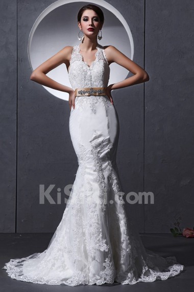 Lace and charmeuse Halter Neckline Mermaid Dress with Embroidery