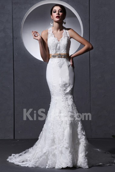 Lace and charmeuse Halter Neckline Mermaid Dress with Embroidery