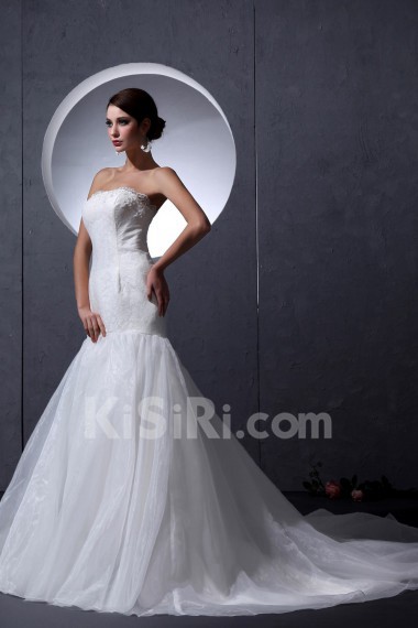 Organza Satin Strapless Mermaid Dress with Embroidery