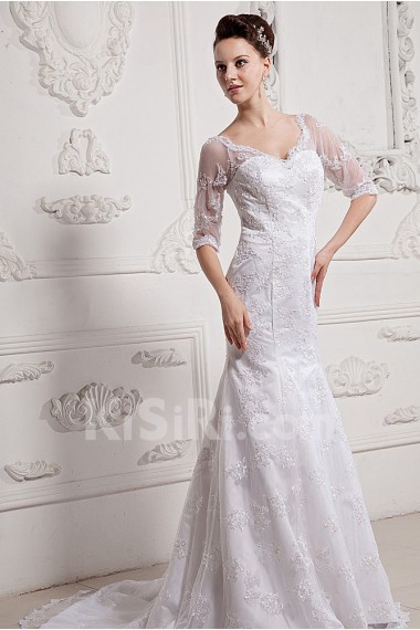 Lace and Satin Sweetheart A-Line Dress with Half-Sleeves