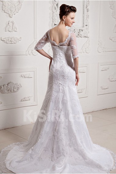 Lace and Satin Sweetheart A-Line Dress with Half-Sleeves