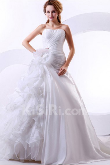 Satin and Organza Sweetheart A-Line Dress with Ruffle and Flowers