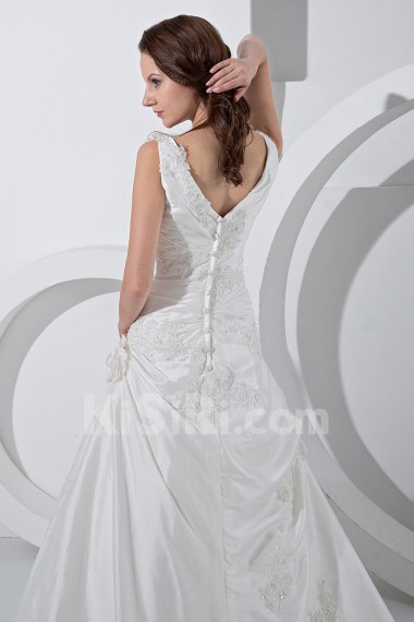 Satin and Lace V-Neckline A-Line Dress with Embroidery