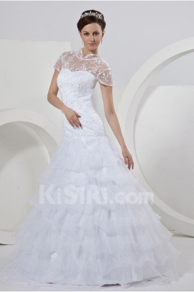 Organza and Lace High Neckline Floor Length A-Line Dress with Beaded