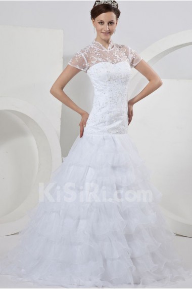 Organza and Lace High Neckline Floor Length A-Line Dress with Beaded