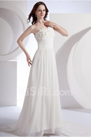 Chiffon and Satin One-Shoulder A-Line Dress with Beaded