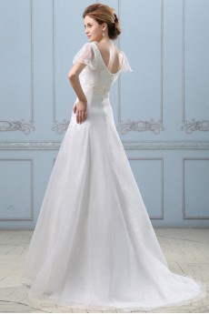 Satin Organza V-Neckline A-Line Dress with Embroidery and Cap-Sleeves