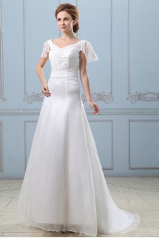 Satin Organza V-Neckline A-Line Dress with Embroidery and Cap-Sleeves