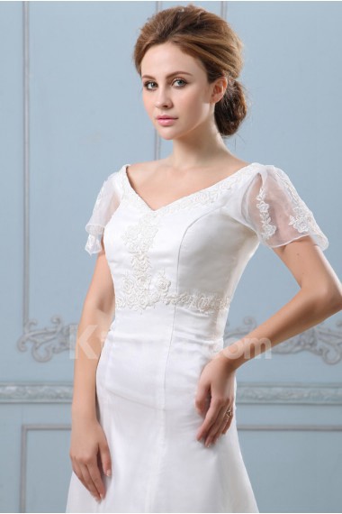 Satin Organza V-Neckline A-Line Dress with Embroidery and Cap-Sleeves