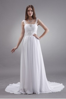 Satin and Chiffon Straps Neckline A-line Dress with Beaded