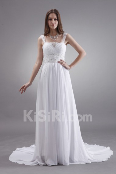 Satin and Chiffon Straps Neckline A-line Dress with Beaded