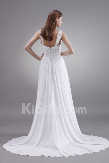 Satin and Chiffon Straps Neckline A-line Dress with Beaded