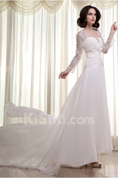 Chiffon Lace Square Neckline Column Dress with Three-quarter Sleeves