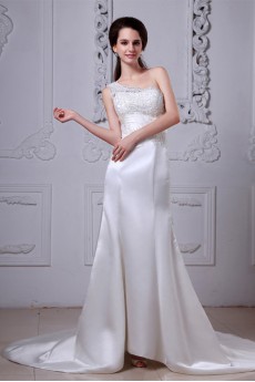 Charmeuse One-Shoulder Sheath Dress with Embroidery