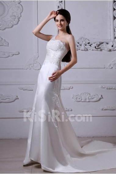 Charmeuse One-Shoulder Sheath Dress with Embroidery