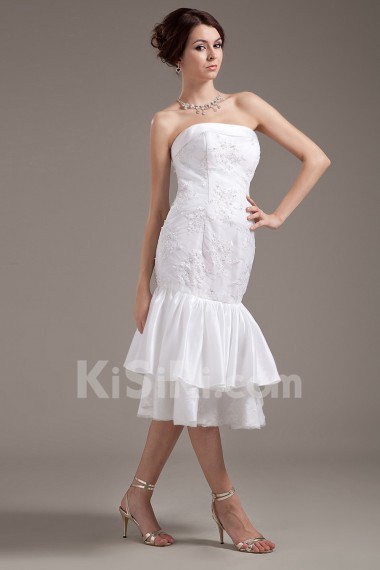 Taffeta and Tulle Strapless Tea-Length Mermaid Dress with Embroidery