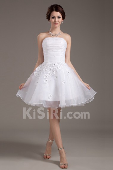 Mesh and Satin Strapless Short Dress with Beaded and Flowers