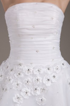 Mesh and Satin Strapless Short Dress with Beaded and Flowers