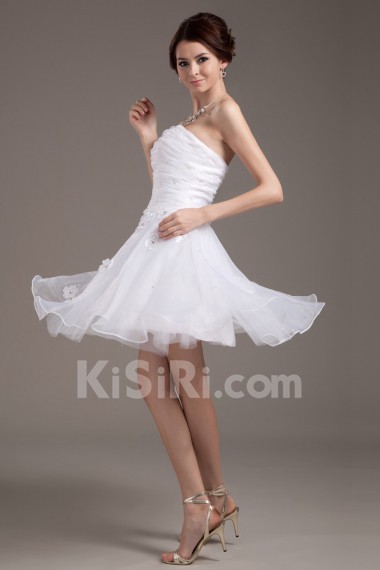 Mesh and Satin Strapless Short Dress with Beaded and Flowers