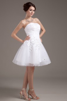 Mesh and Satin Strapless Short Dress with Beaded and Flowers