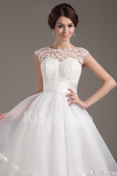 Organza Collar Neckline Tea-Length A-line Dress with Lace