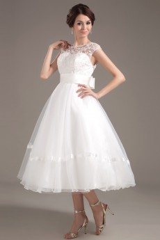 Organza Collar Neckline Tea-Length A-line Dress with Lace