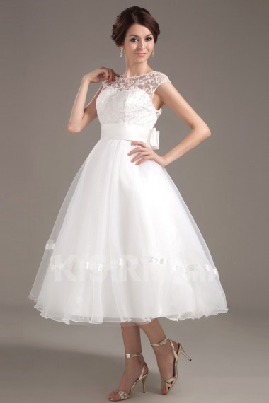 Organza Collar Neckline Tea-Length A-line Dress with Lace