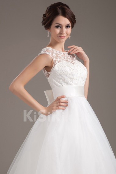 Organza Collar Neckline Tea-Length A-line Dress with Lace