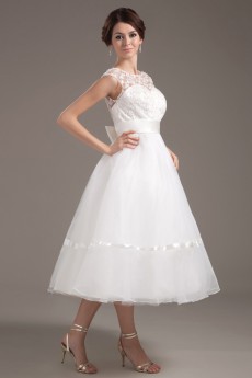 Organza Collar Neckline Tea-Length A-line Dress with Lace