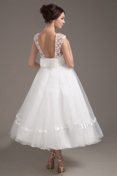 Organza Collar Neckline Tea-Length A-line Dress with Lace