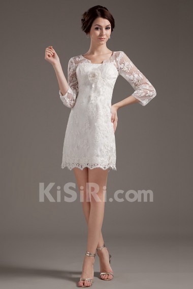 Satin and Lace Strapless Short Dress with Three-quartter Sleeves