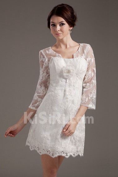 Satin and Lace Strapless Short Dress with Three-quartter Sleeves