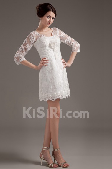 Satin and Lace Strapless Short Dress with Three-quartter Sleeves