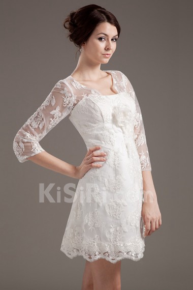 Satin and Lace Strapless Short Dress with Three-quartter Sleeves