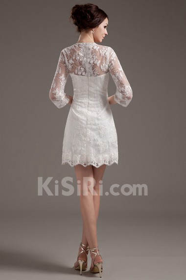 Satin and Lace Strapless Short Dress with Three-quartter Sleeves