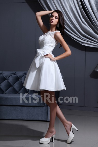 Satin Jewel Neckline Short Dress with Embroidery