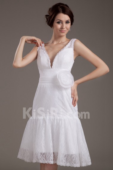 Lace V-Neckline Short A-line Dress with Handmade Flower