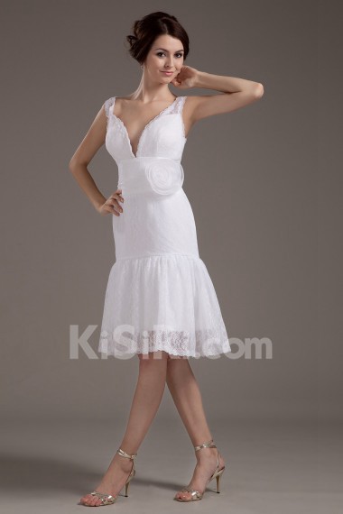 Lace V-Neckline Short A-line Dress with Handmade Flower