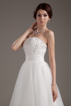 Satin and Yarn Strapless Tea-Length A-line Dress with Embroidery