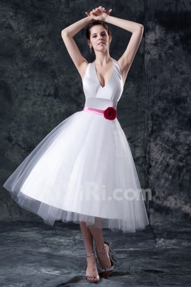 Taffeta and Yarn V-Neckline Tea-Length Ball Gown with Handmade Flower