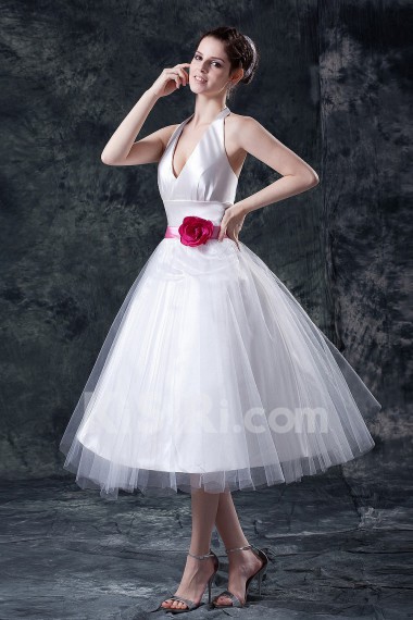 Taffeta and Yarn V-Neckline Tea-Length Ball Gown with Handmade Flower