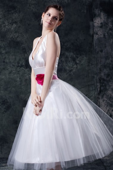 Taffeta and Yarn V-Neckline Tea-Length Ball Gown with Handmade Flower