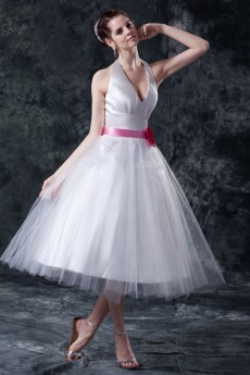 Taffeta and Yarn V-Neckline Tea-Length Ball Gown with Handmade Flower