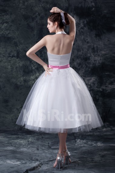 Taffeta and Yarn V-Neckline Tea-Length Ball Gown with Handmade Flower