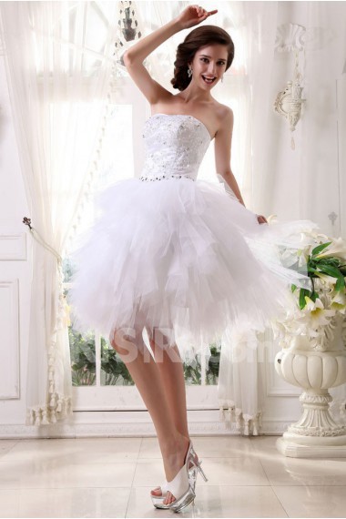 Tulle and Satin Strapless Short Ball Gown with Embroidery